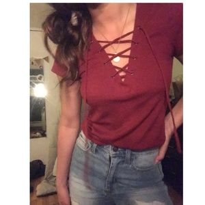 red lace up tee, size small